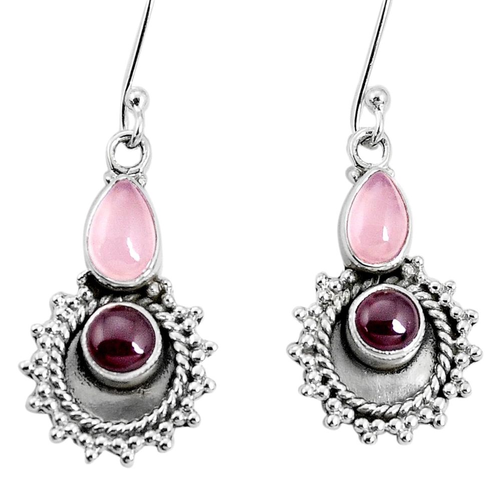 5.90cts natural pink rose quartz red garnet 925 silver dangle earrings p30551