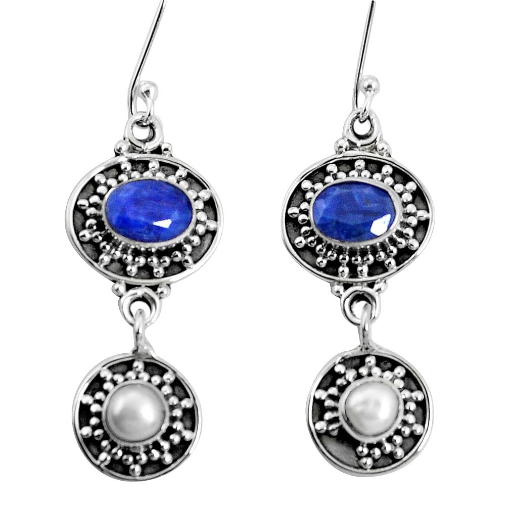 6.80cts natural blue sapphire white pearl 925 sterling silver earrings p30613