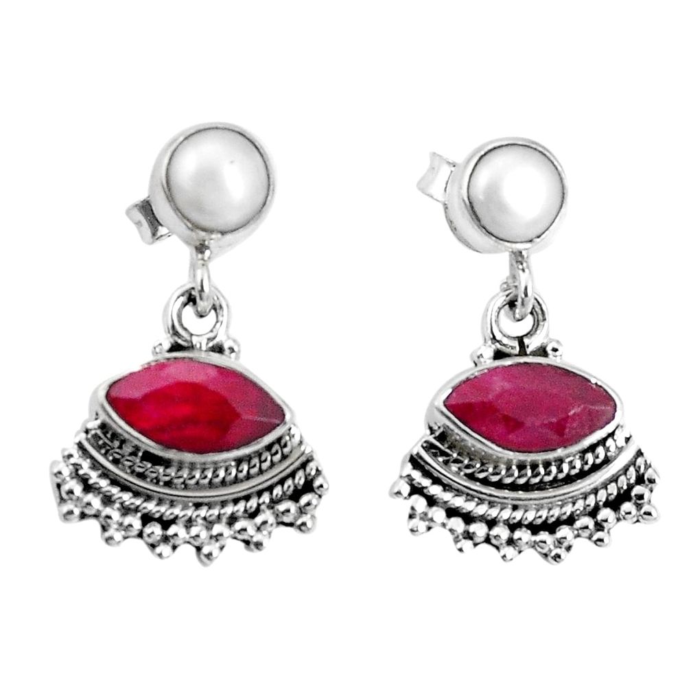 7.66cts natural red ruby white pearl 925 sterling silver dangle earrings p30621