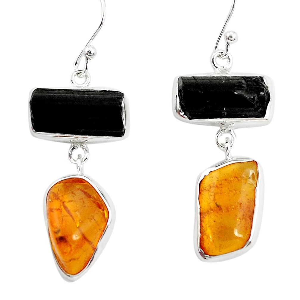 15.97cts natural black tourmaline rough amber 925 silver dangle earrings p31446