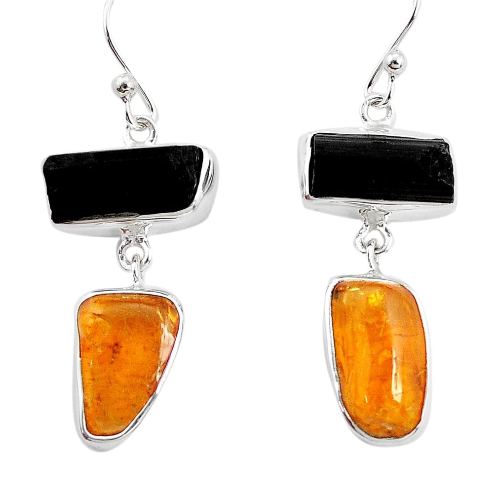 14.72cts natural black tourmaline rough amber 925 silver dangle earrings p31449