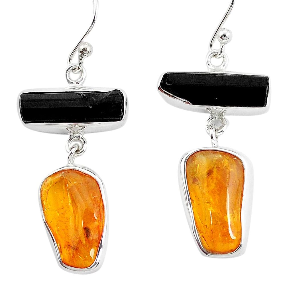 14.72cts natural black tourmaline rough amber 925 silver dangle earrings p31454