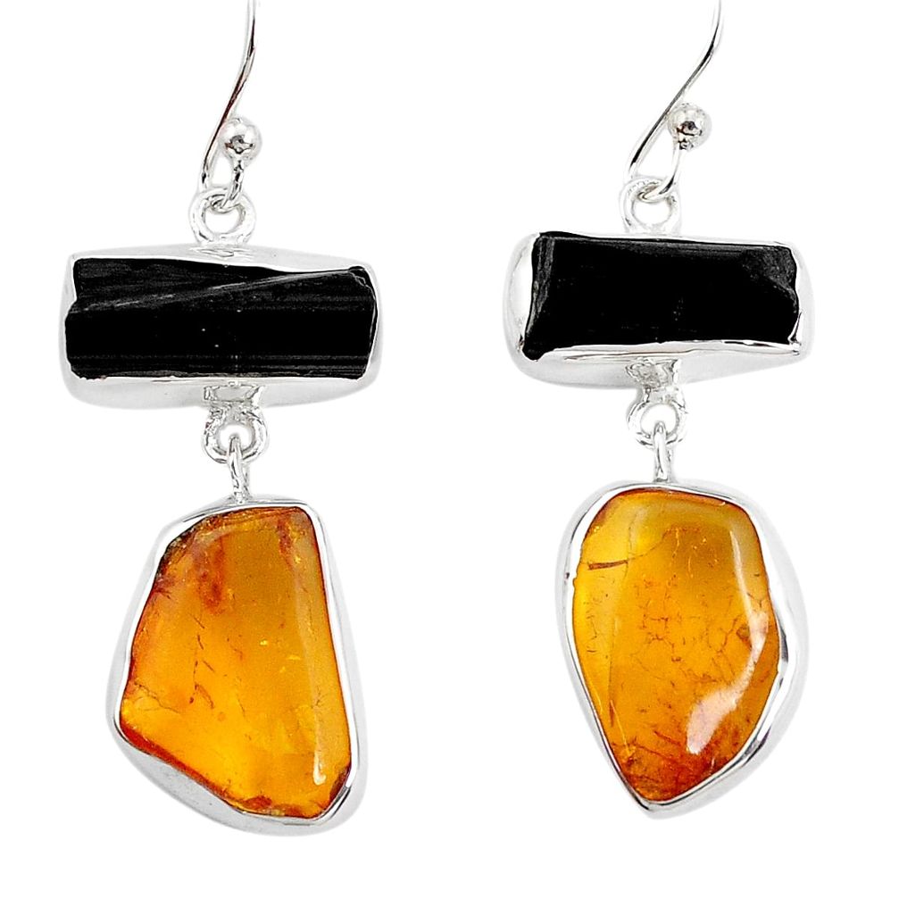 13.27cts natural black tourmaline rough amber 925 silver dangle earrings p31457
