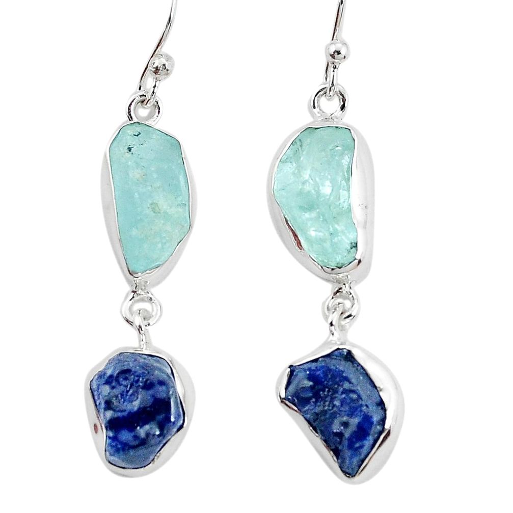 14.88cts natural blue sapphire rough aquamarine rough silver earrings p31483