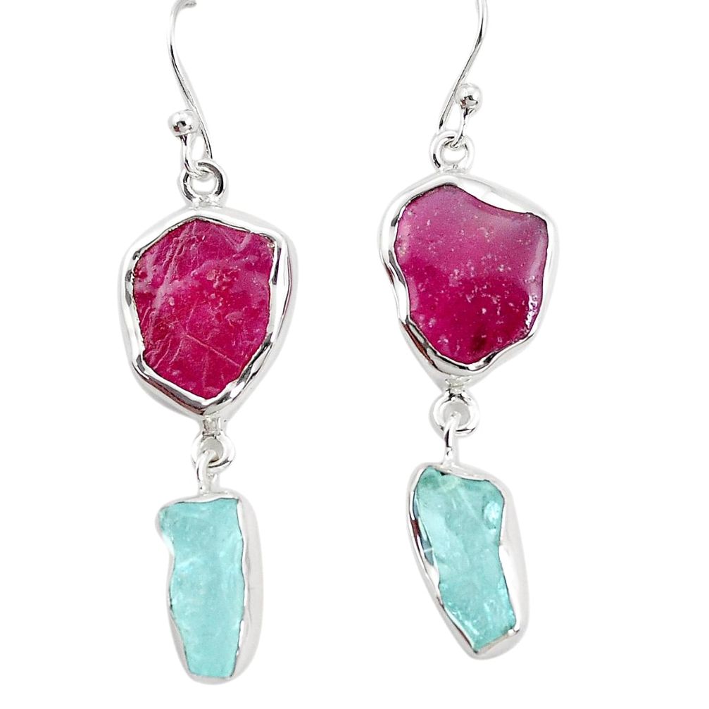 17.18cts natural pink ruby rough aquamarine rough 925 silver earrings p31486