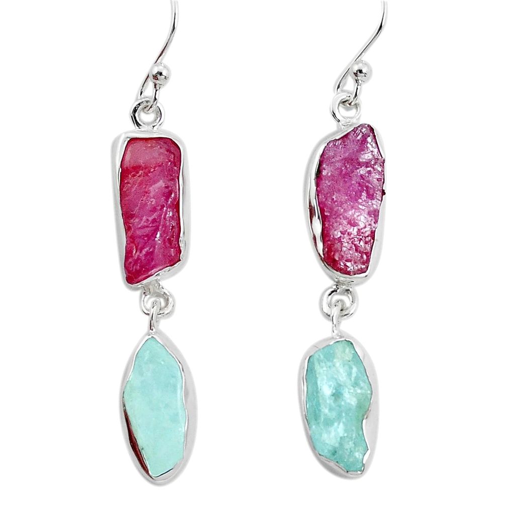 925 silver 14.88cts natural pink ruby rough aquamarine rough earrings p31492