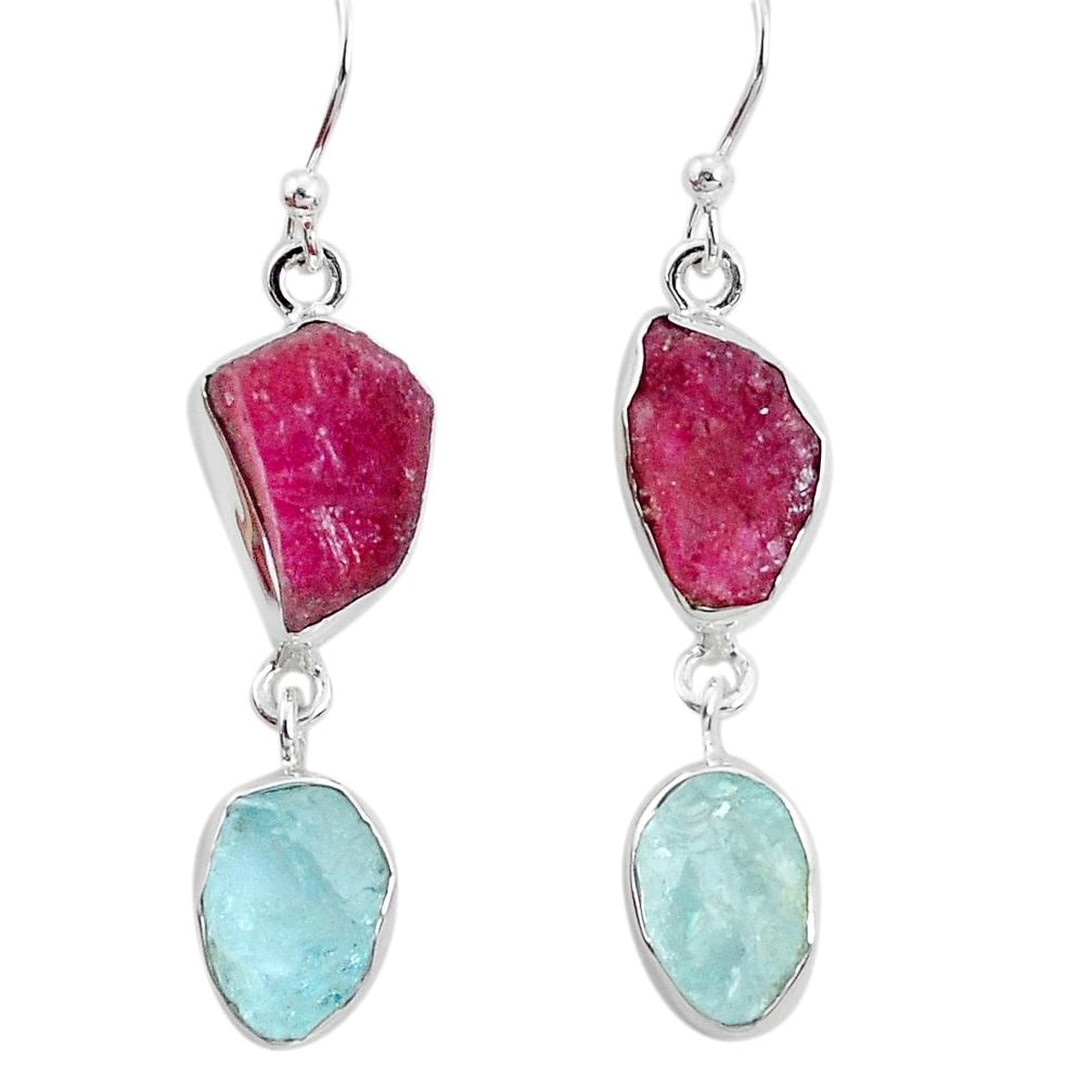 16.17cts natural pink ruby rough aquamarine rough 925 silver earrings p31493