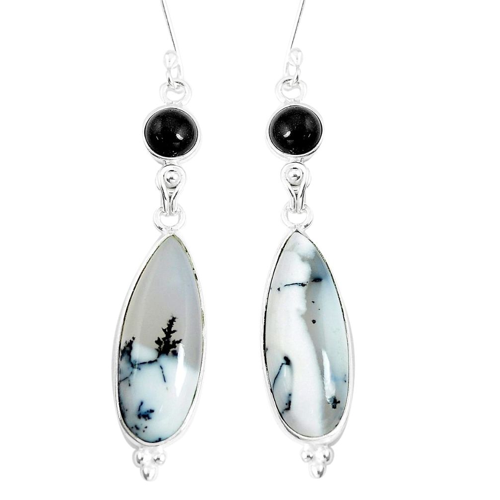 18.39cts natural white dendrite opal (merlinite) onyx 925 silver earrings p5463