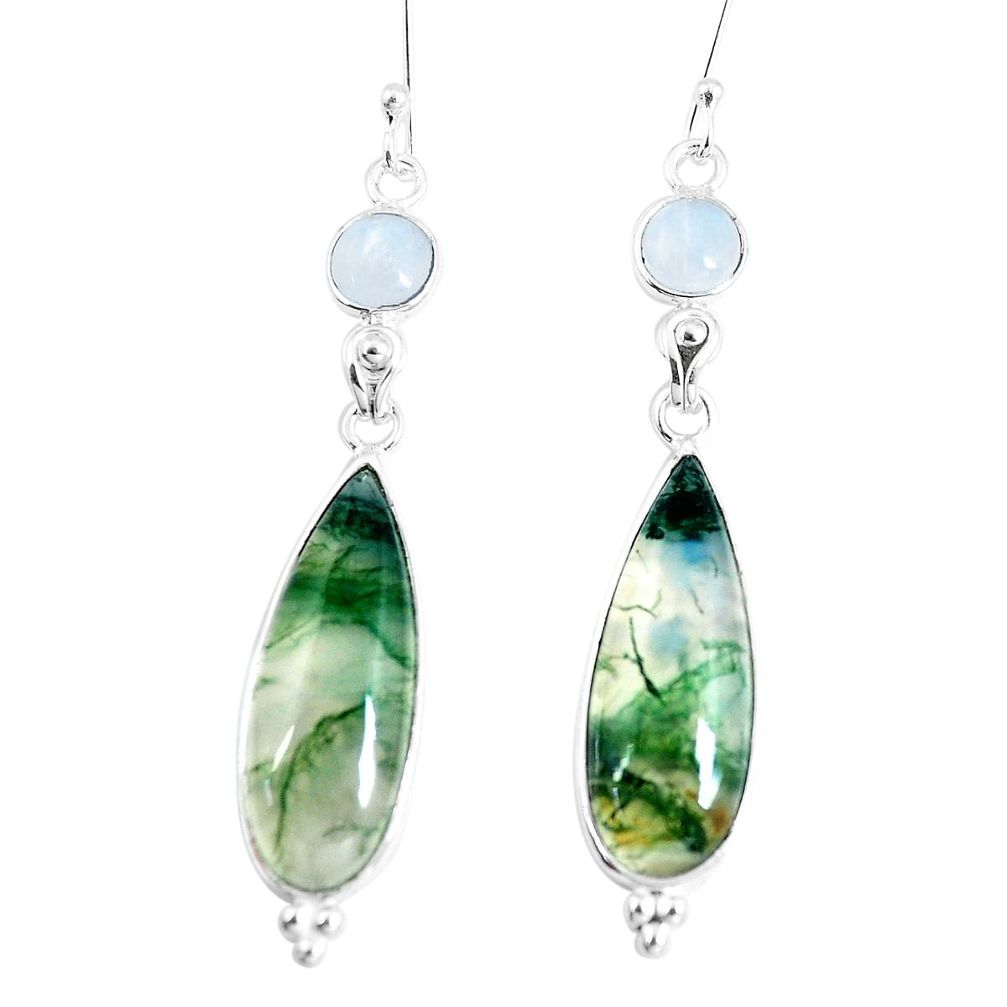 17.96cts natural green moss agate moonstone 925 silver dangle earrings p5475