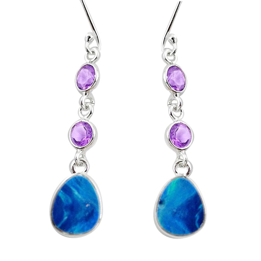 5.45cts natural blue doublet opal australian amethyst 925 silver earrings p5922