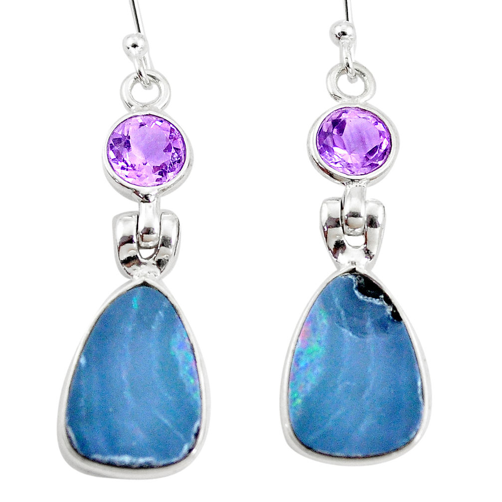 6.25cts natural blue doublet opal australian amethyst 925 silver earrings p5949