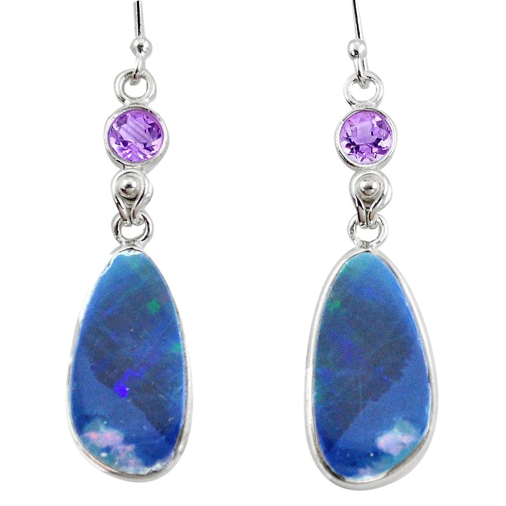 7.25cts natural blue doublet opal australian amethyst 925 silver earrings p5960