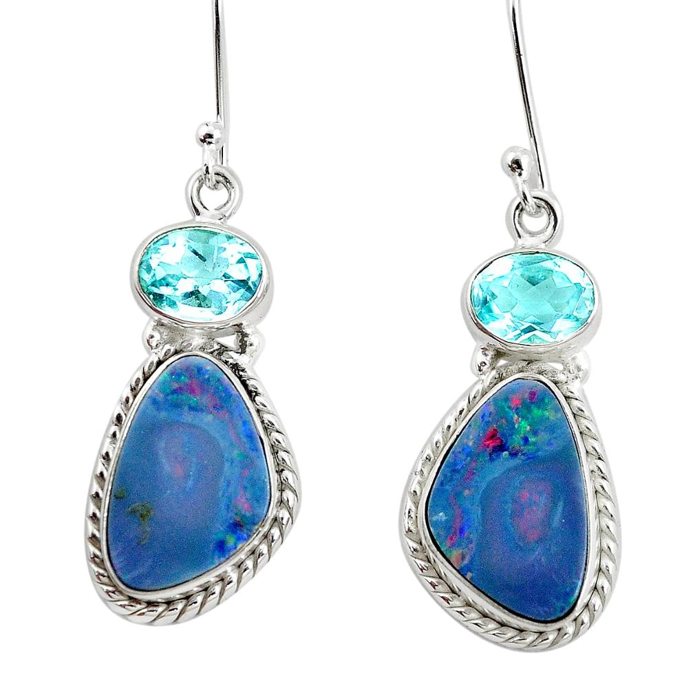 14.08cts natural blue doublet opal australian topaz 925 silver earrings p5973