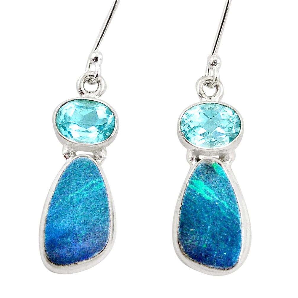 9.86cts natural blue doublet opal australian topaz 925 silver earrings p5981