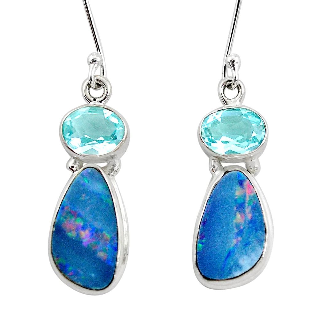 9.52cts natural blue doublet opal australian topaz 925 silver earrings p5986