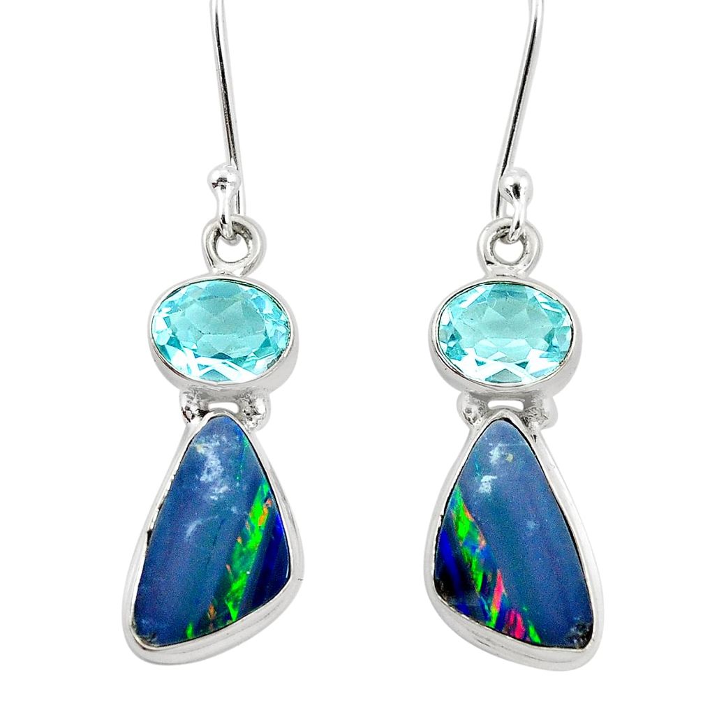 9.47cts natural blue doublet opal australian topaz 925 silver earrings p5995