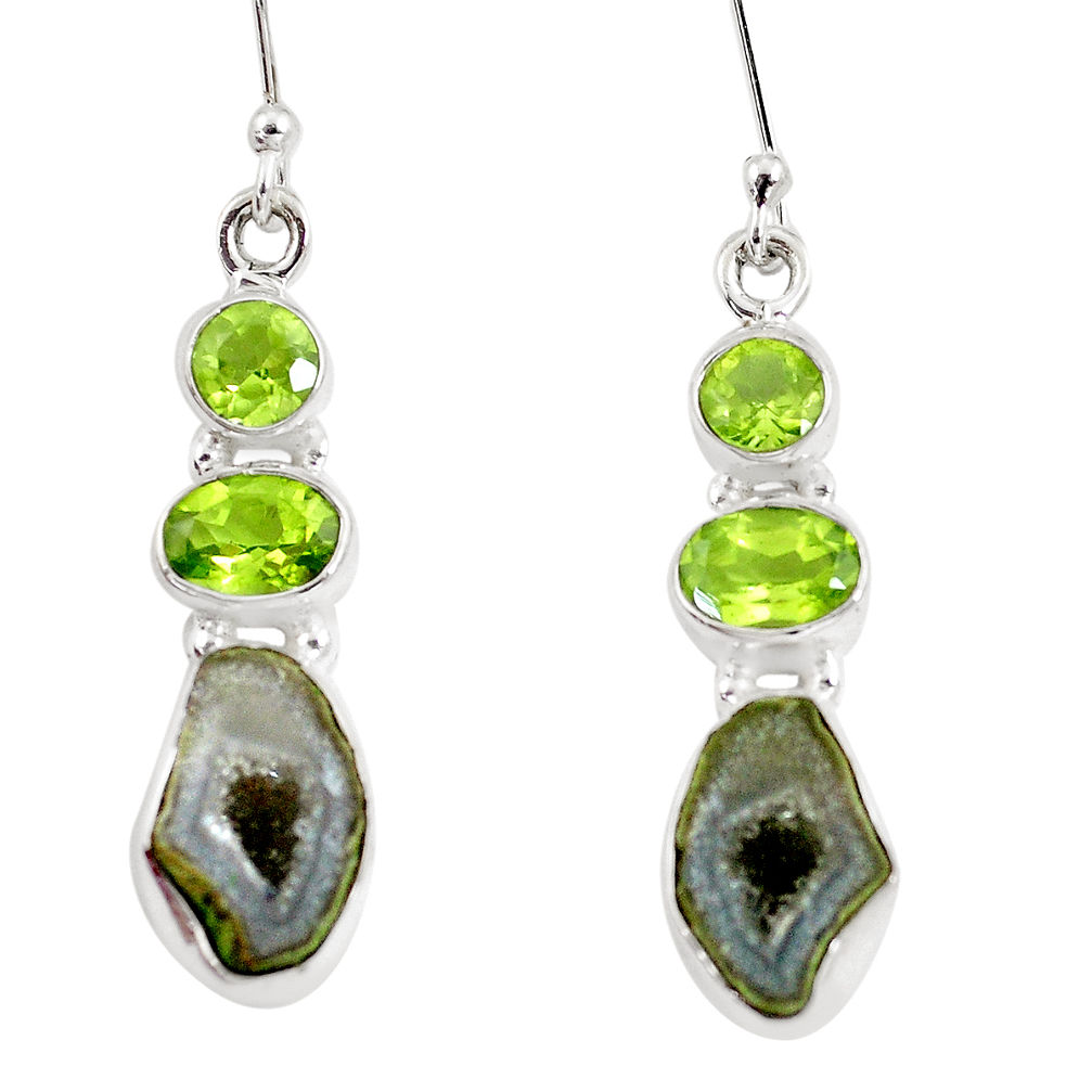 12.07cts natural brown geode druzy peridot 925 silver dangle earrings p8881