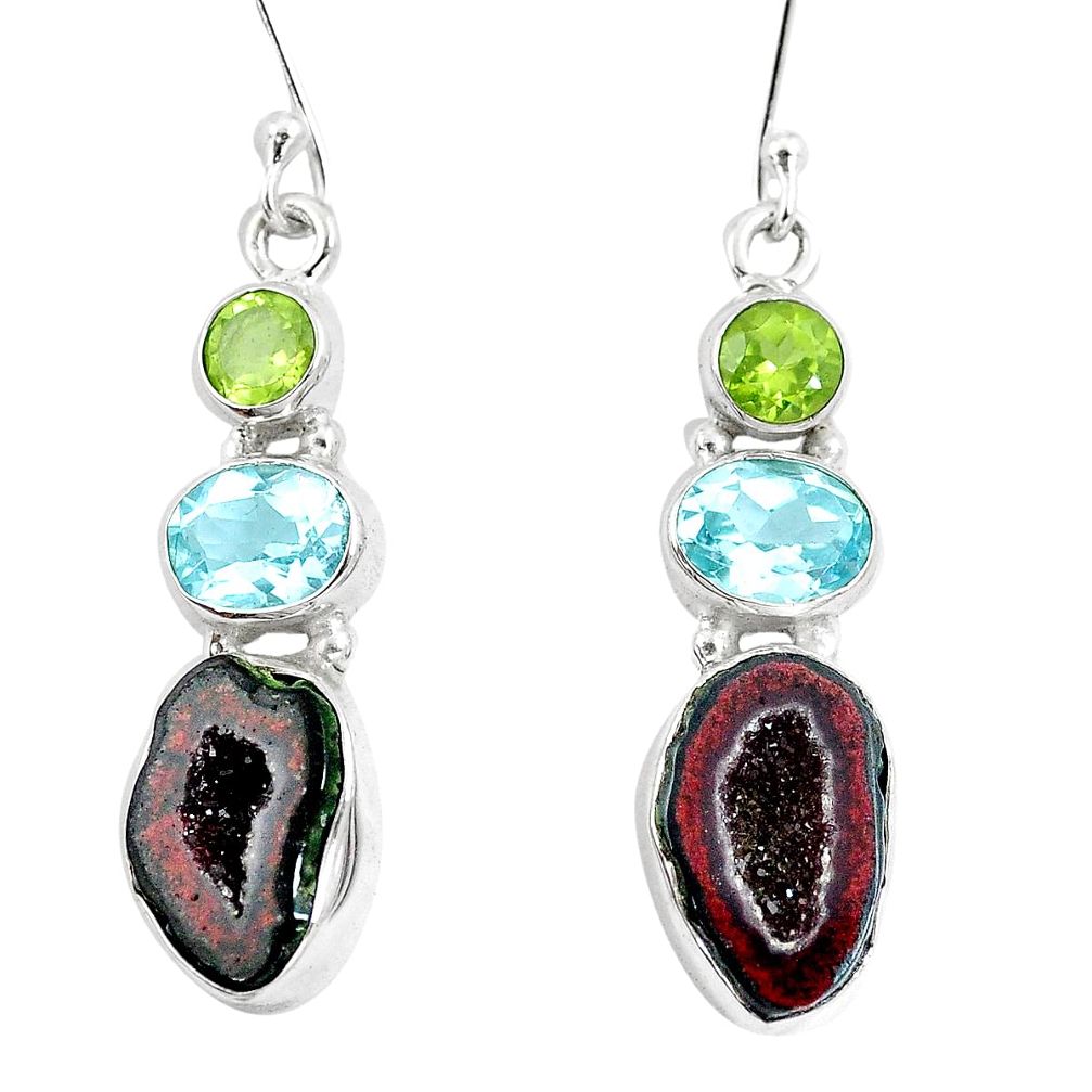 925 silver 15.31cts natural brown geode druzy peridot topaz earrings p8887