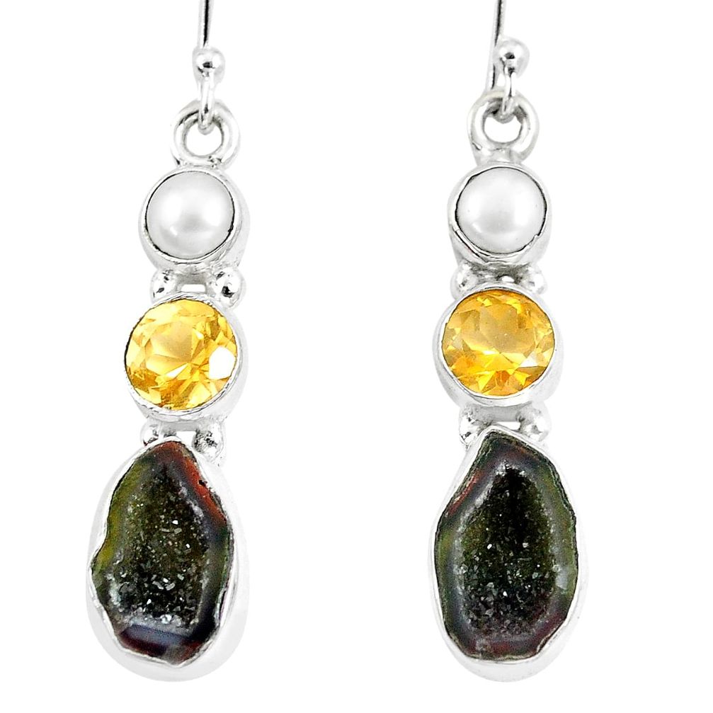 11.54cts natural brown geode druzy citrine pearl 925 silver earrings p8889