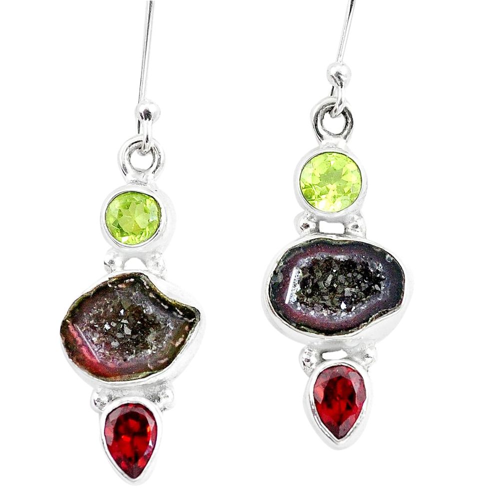 11.66cts natural brown geode druzy peridot garnet 925 silver earrings p8896