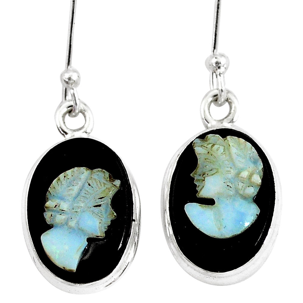 9.57cts natural black opal cameo on black onyx 925 silver earrings p8995