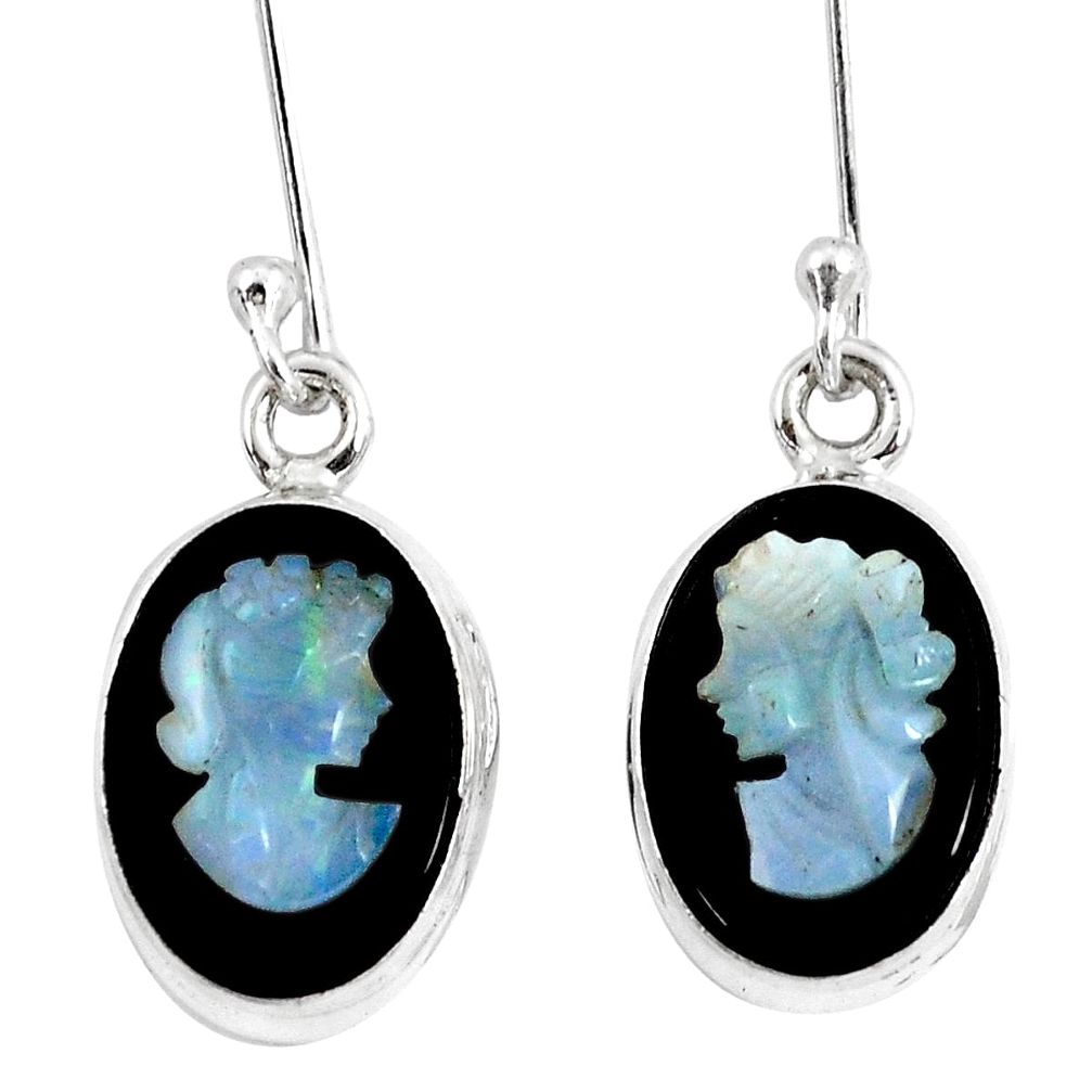 9.98cts natural black opal cameo on black onyx 925 silver earrings p8997