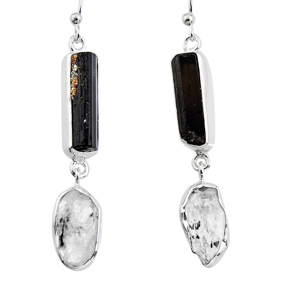 925 silver 16.06cts natural black tourmaline rough dangle earrings p94853