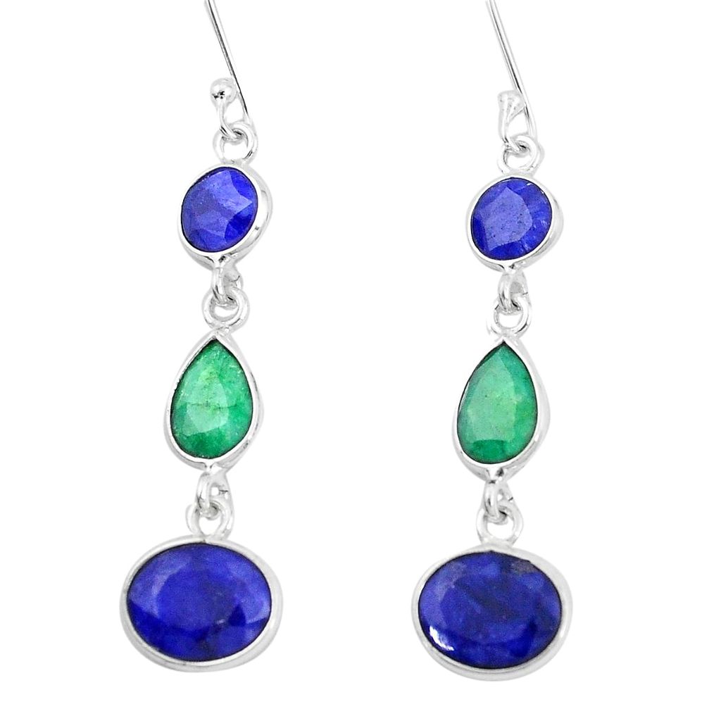 12.54cts natural blue sapphire emerald 925 sterling silver dangle earrings p9561