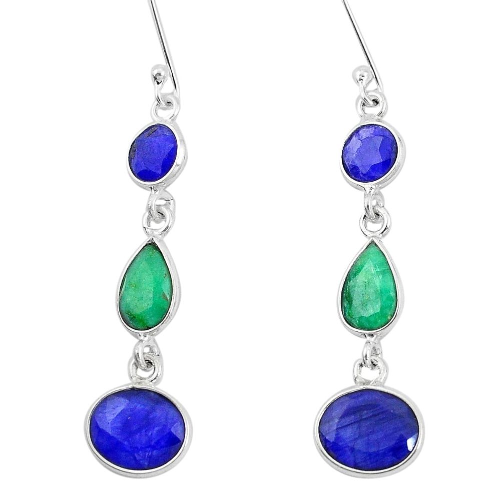 11.84cts natural blue sapphire emerald 925 sterling silver dangle earrings p9562