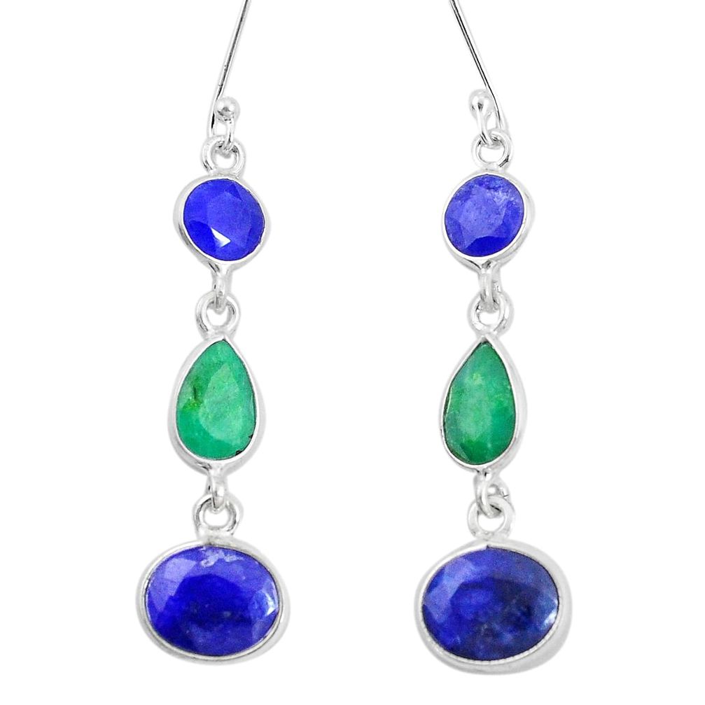 10.89cts natural blue sapphire emerald 925 sterling silver dangle earrings p9565