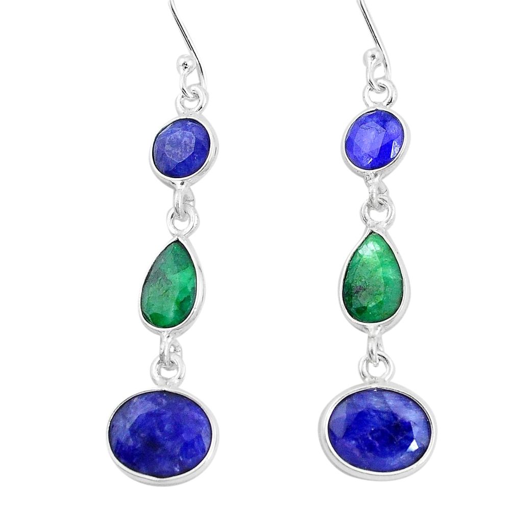 11.28cts natural blue sapphire emerald 925 sterling silver dangle earrings p9566