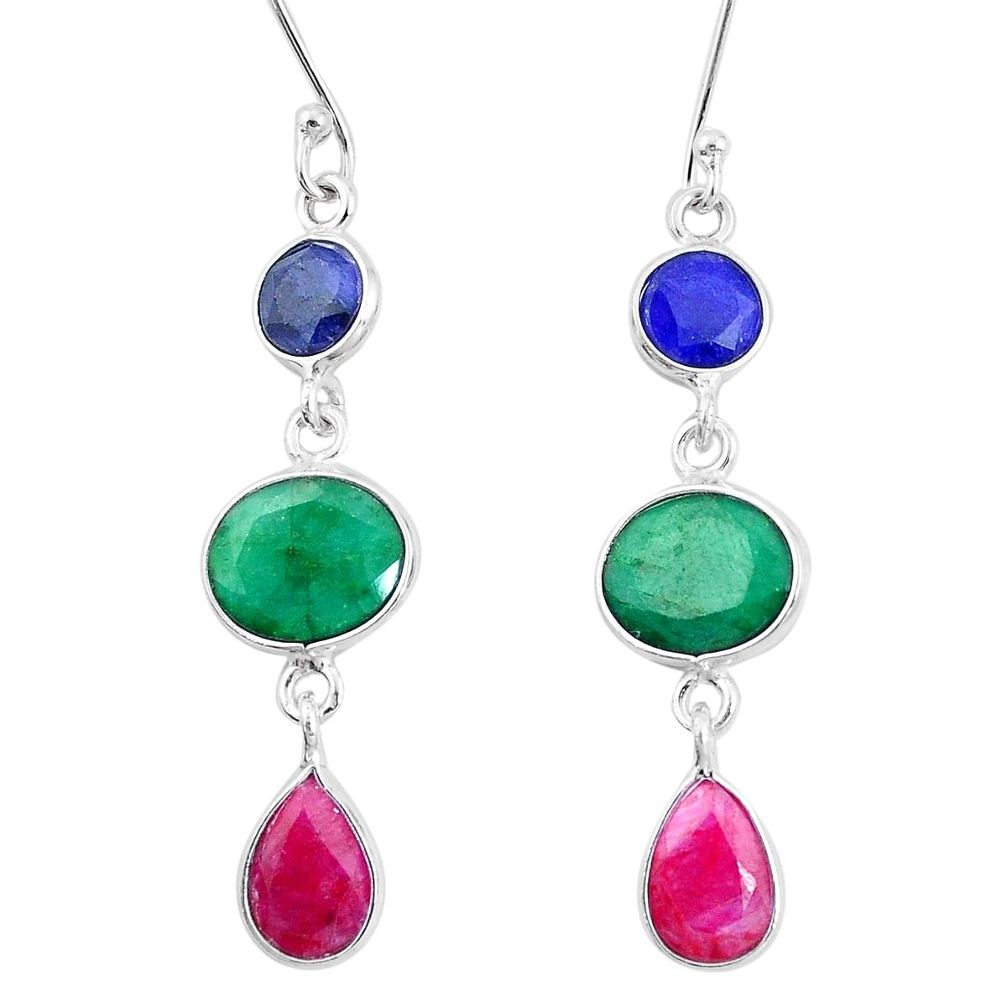 13.40cts natural green emerald sapphire ruby 925 silver dangle earrings p9589