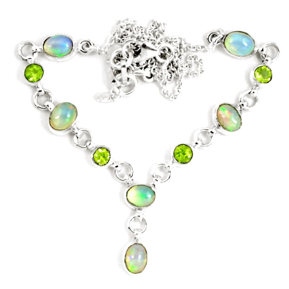 14.58cts natural multi color ethiopian opal peridot 925 silver necklace p13992