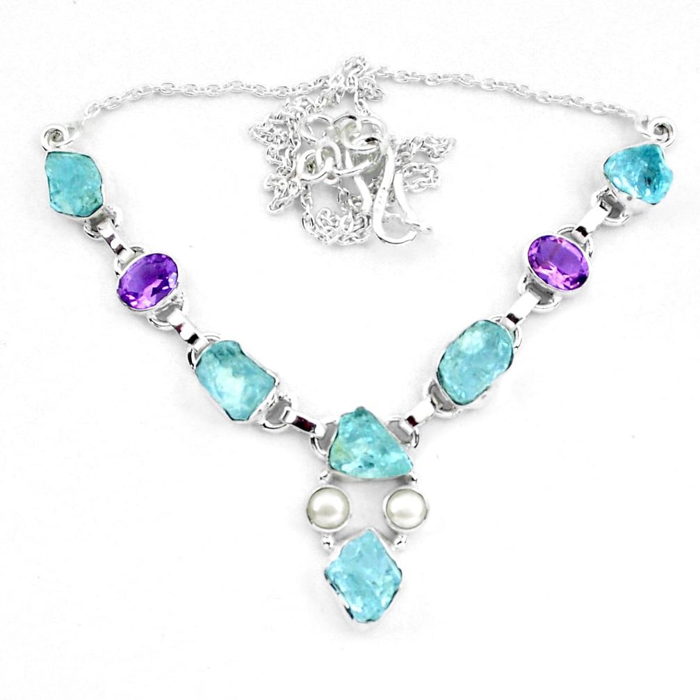 28.84cts natural aqua aquamarine rough amethyst 925 silver necklace p20472