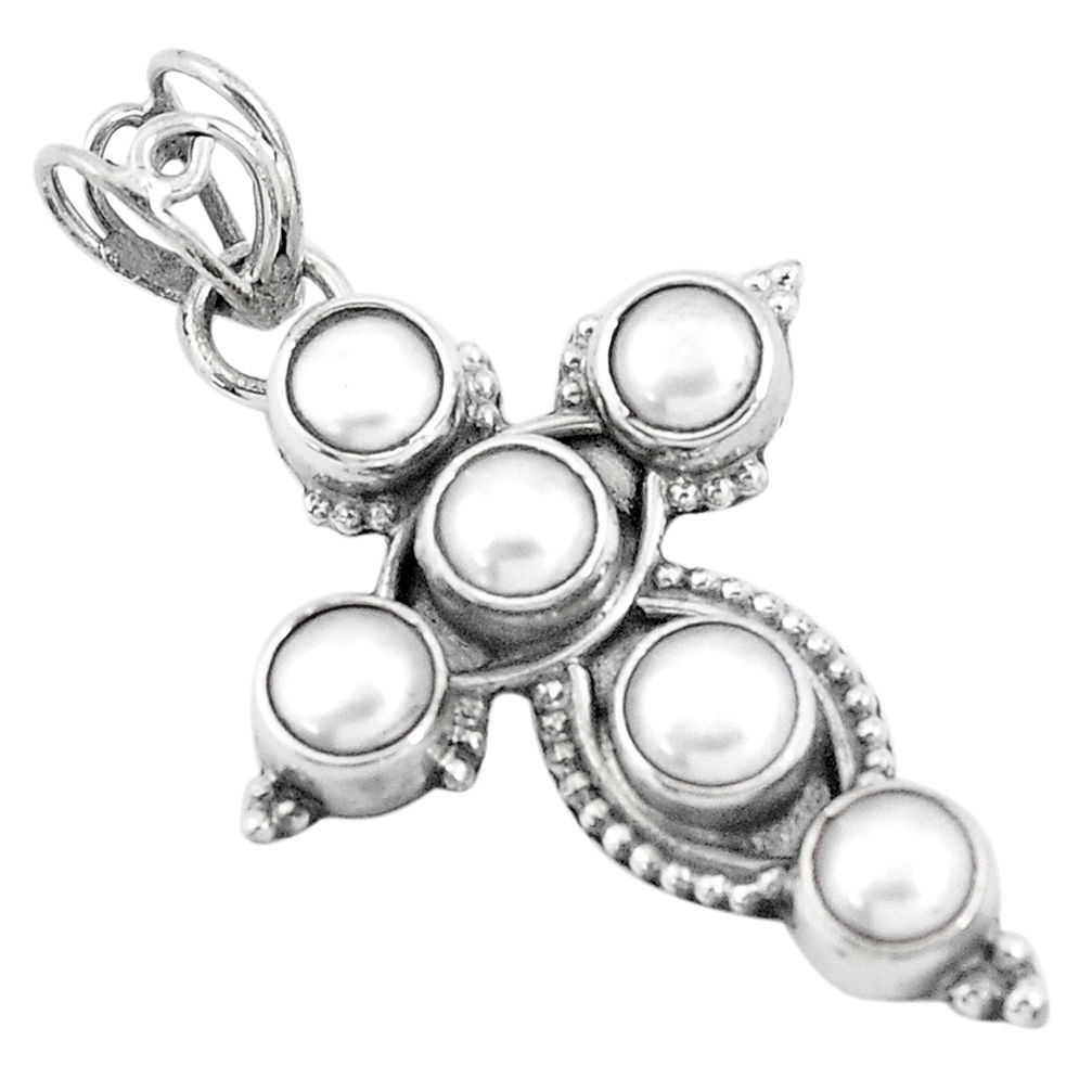 925 silver 6.04cts natural white pearl round shape holy cross pendant p10117