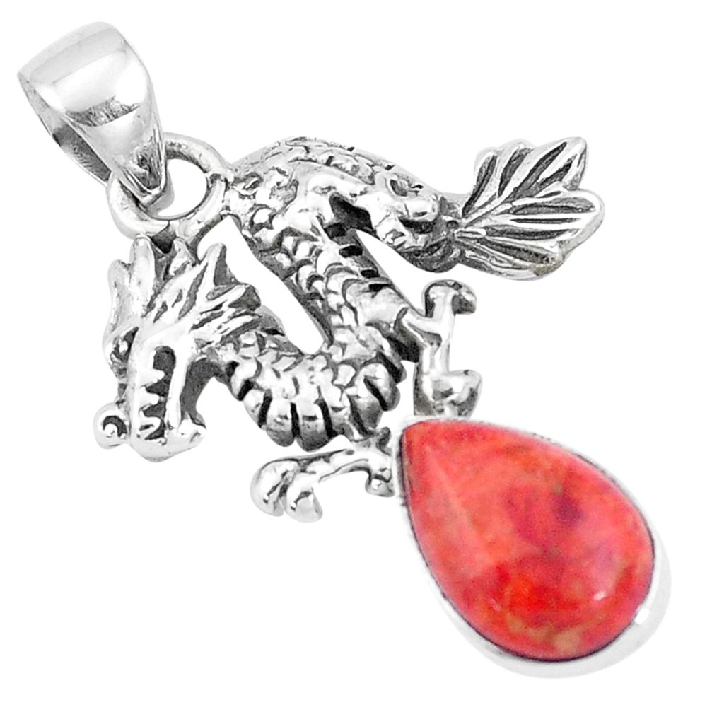 925 sterling silver 4.05cts red copper turquoise dragon pendant jewelry p10163