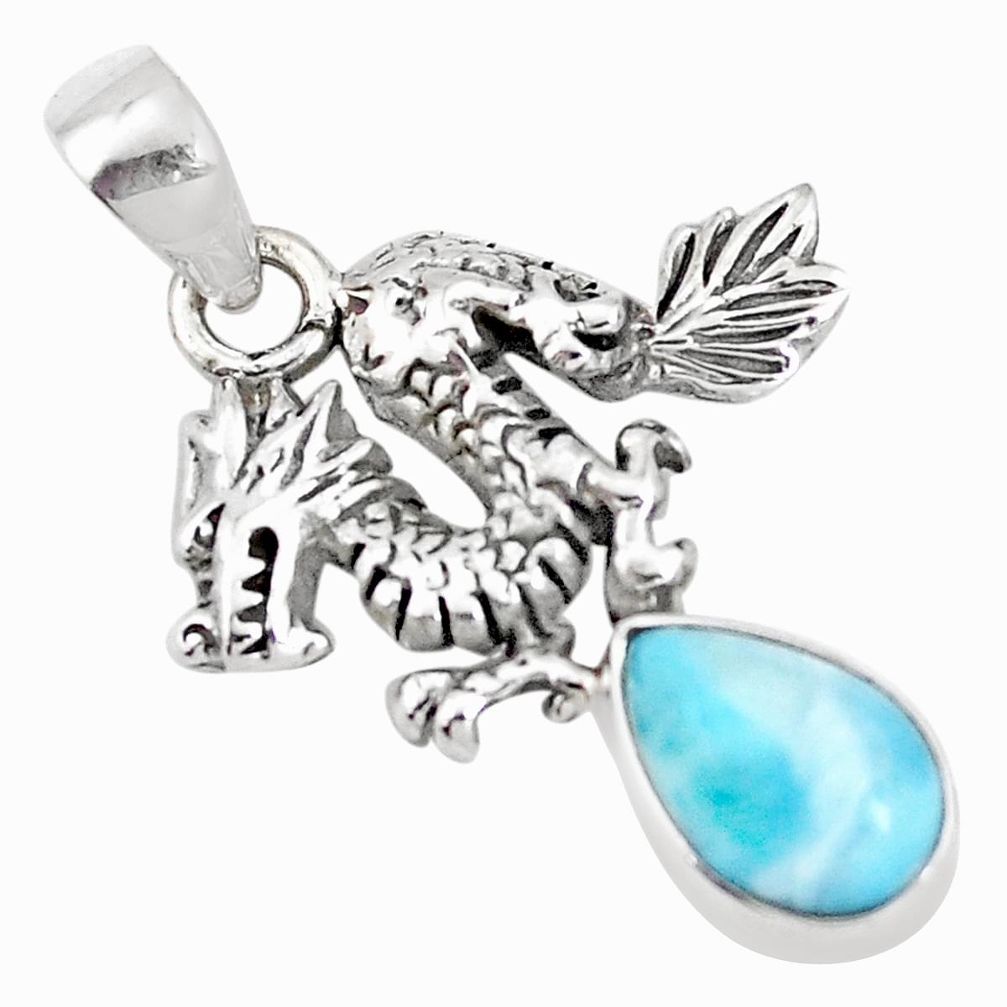 4.06cts natural blue larimar 925 sterling silver dragon pendant jewelry p10227