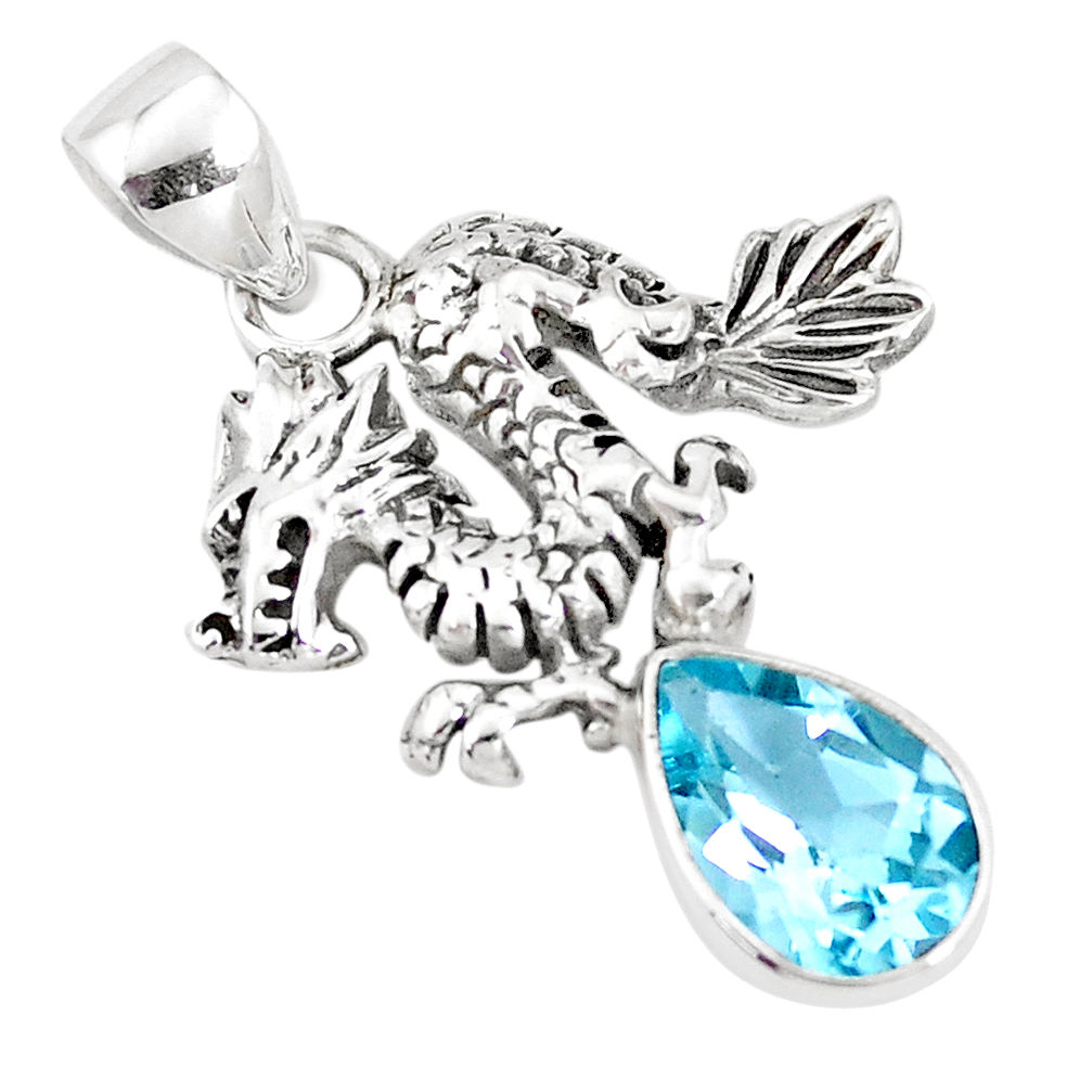 4.21cts natural blue topaz 925 sterling silver dragon pendant jewelry p10261