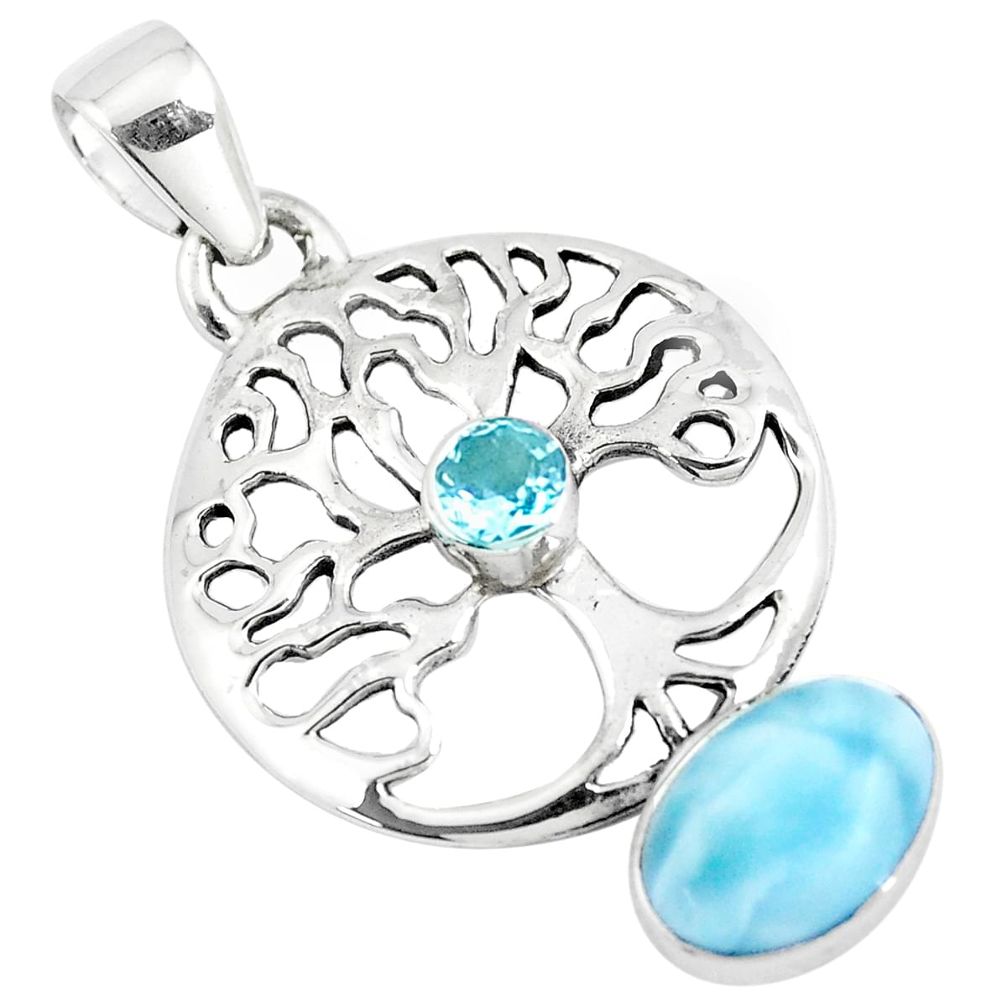 3.23cts natural blue larimar topaz 925 silver tree of life pendant p10269