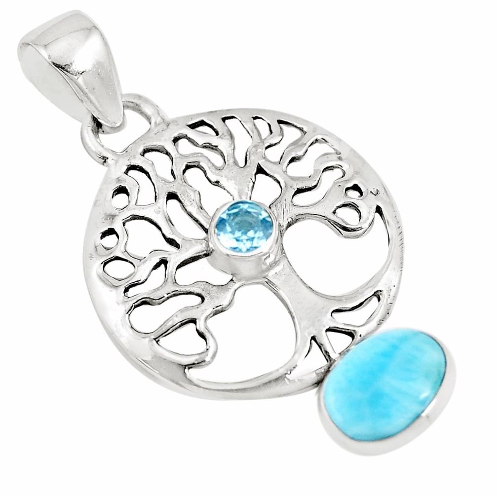 4.46cts natural blue larimar topaz 925 silver tree of life pendant p10290