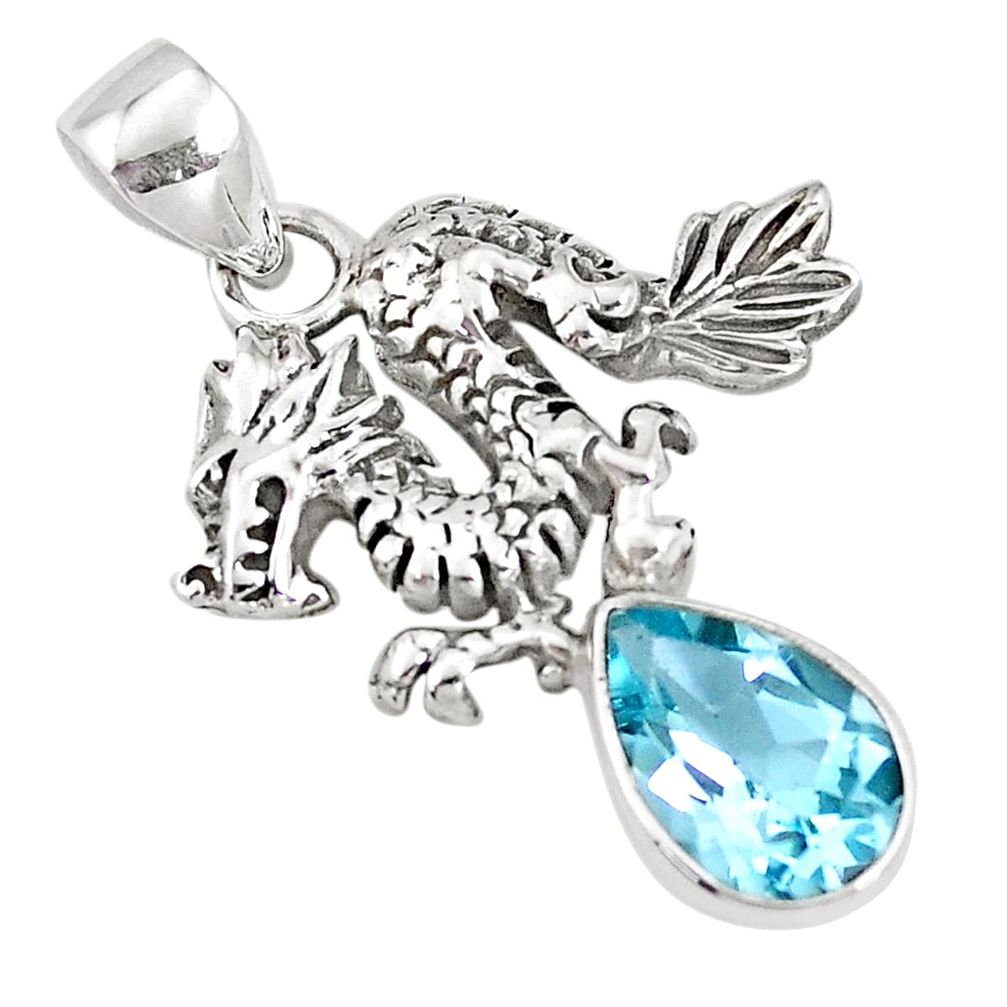 2.55cts natural blue topaz 925 sterling silver dragon pendant jewelry p10293