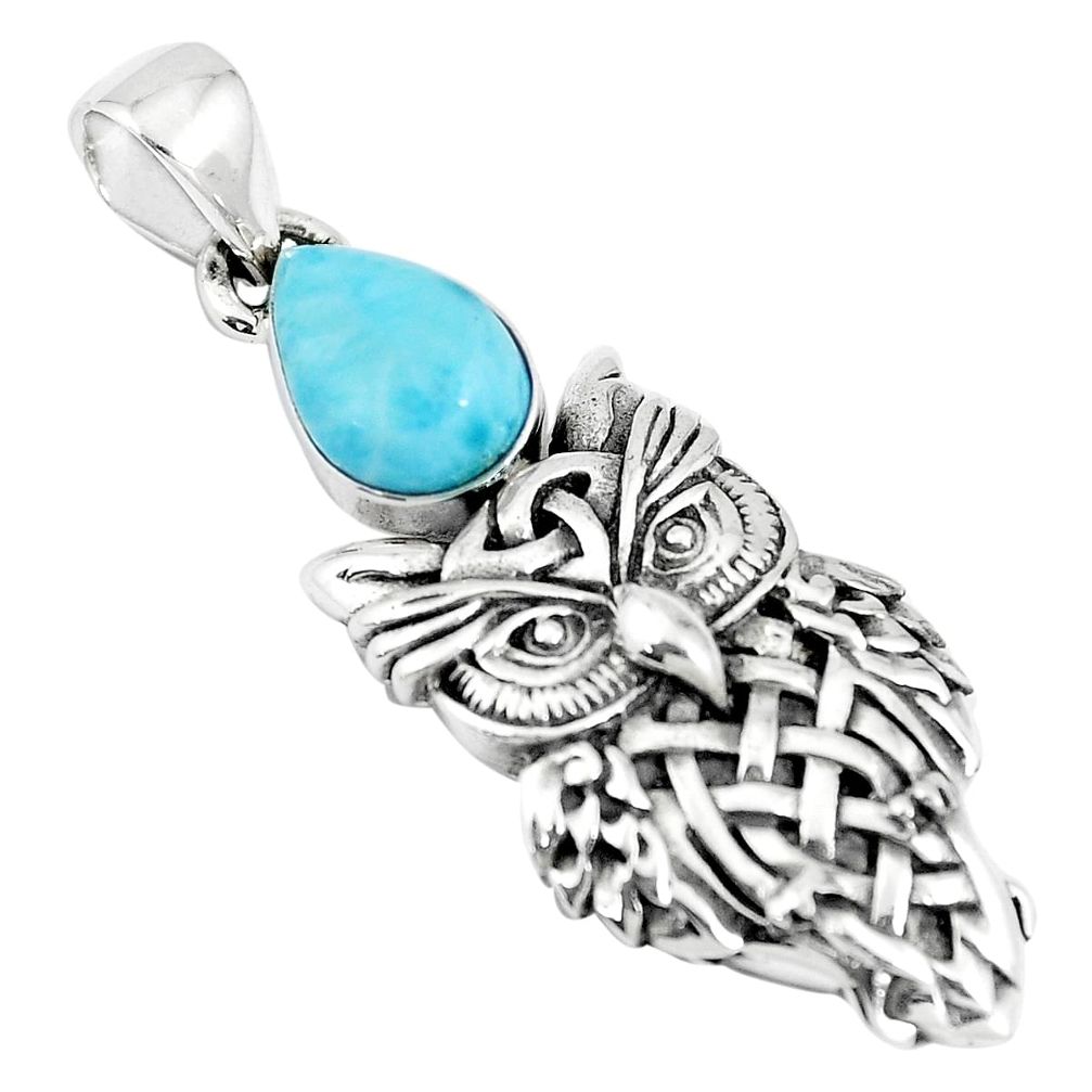 5.38cts natural blue larimar 925 sterling silver owl pendant jewelry p10310