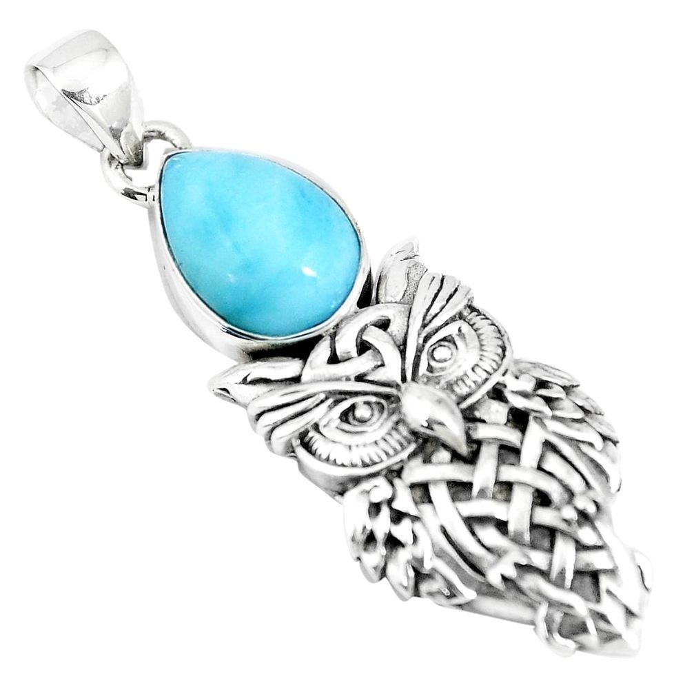 5.38cts natural blue larimar 925 sterling silver owl pendant jewelry p10313