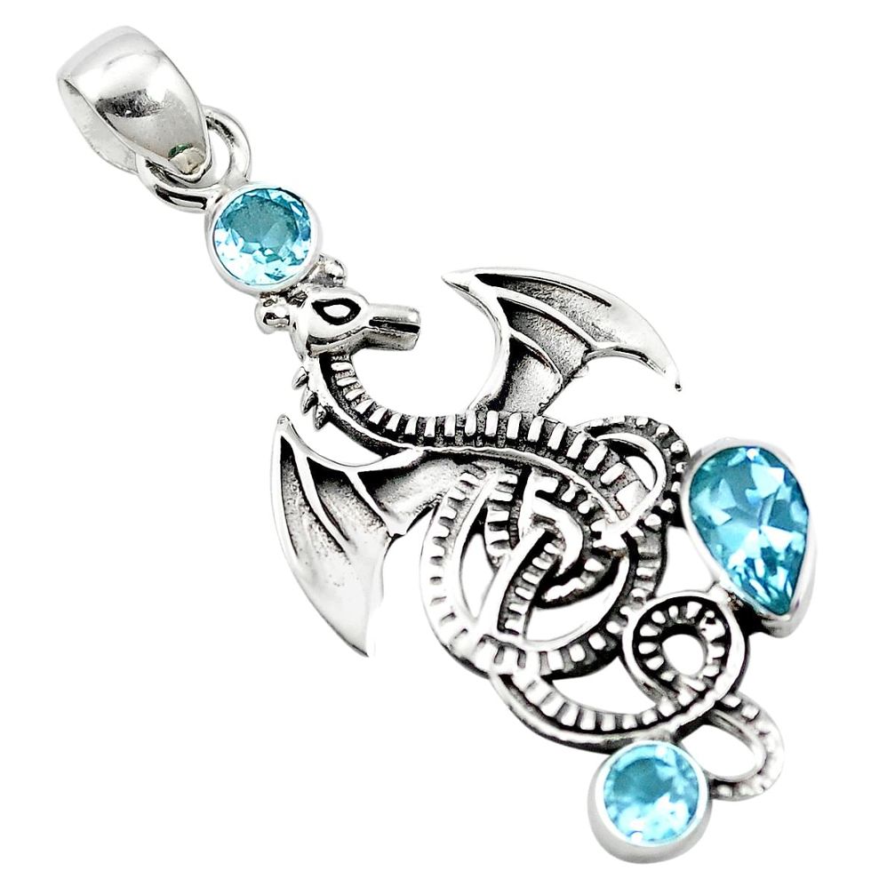 3.01cts natural blue topaz 925 sterling silver dragon pendant jewelry p10330