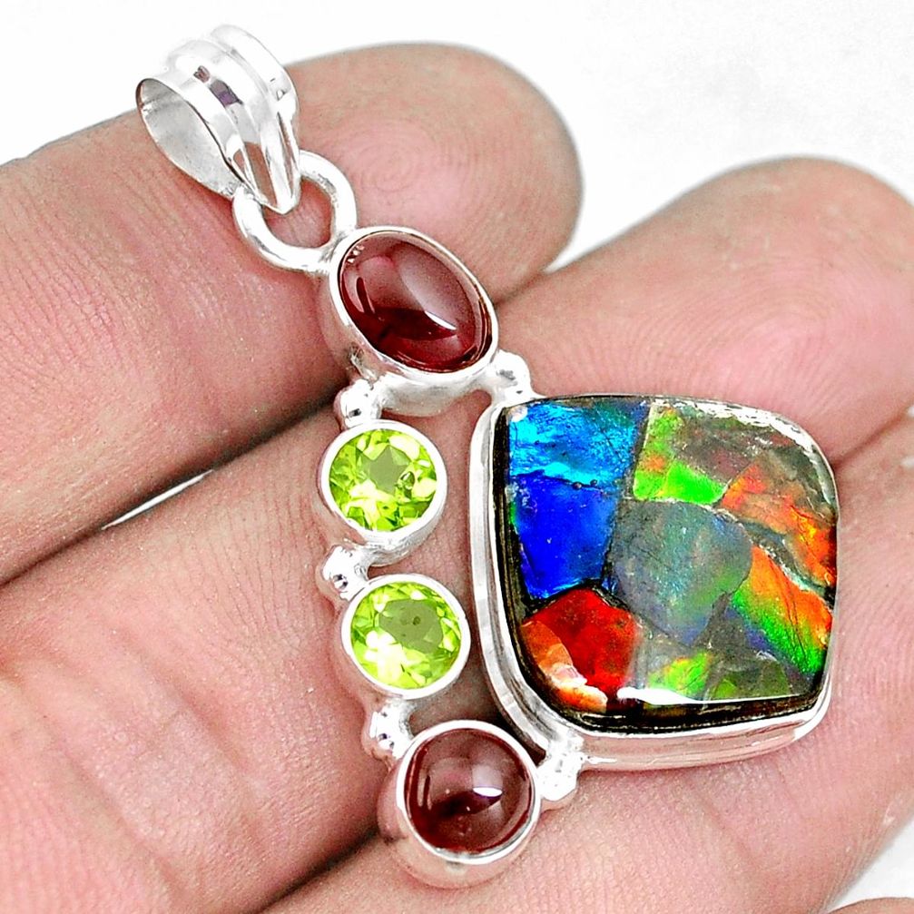 18.15cts natural ammolite peridot garnet 925 silver pendant p10402