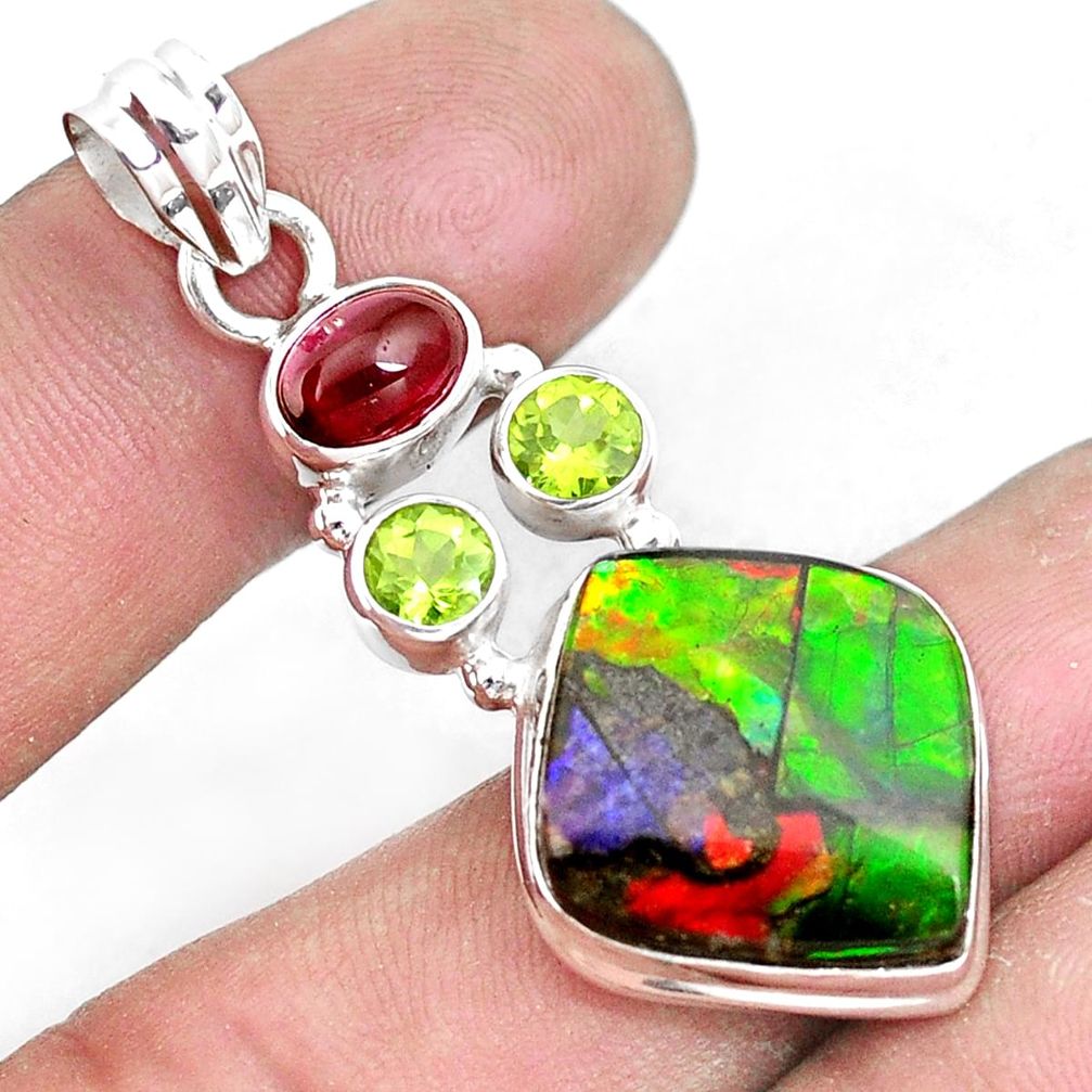 15.80cts natural ammolite peridot garnet 925 silver pendant p10405