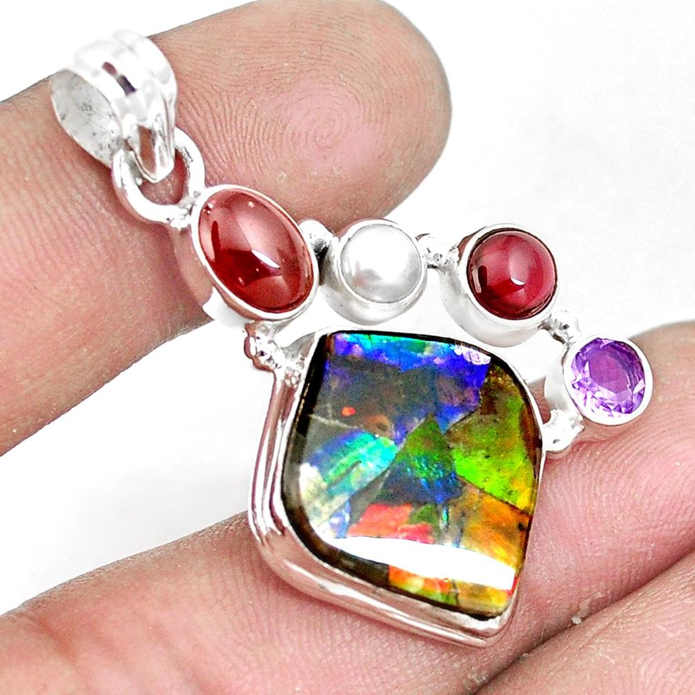 17.20cts natural ammolite pearl garnet 925 silver pendant p10406