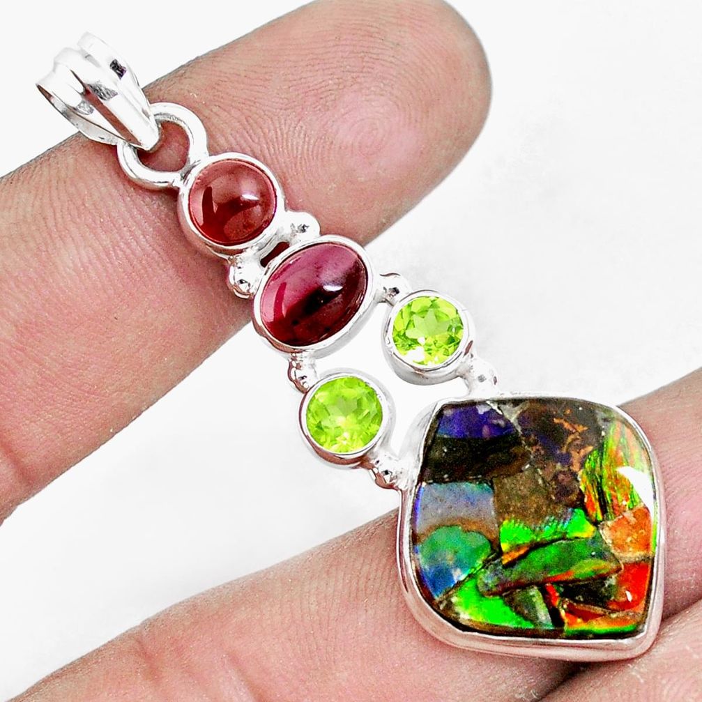 18.15cts natural ammolite peridot garnet 925 silver pendant p10407