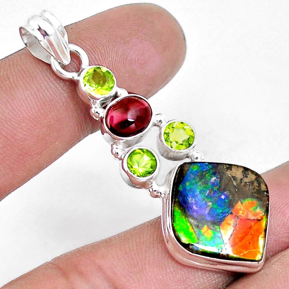 17.20cts natural ammolite peridot garnet 925 silver pendant p10419