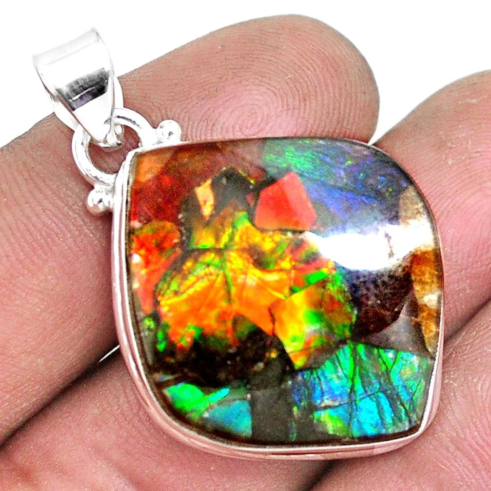 925 silver 24.46cts natural multi color ammolite (canadian) fancy pendant p10439